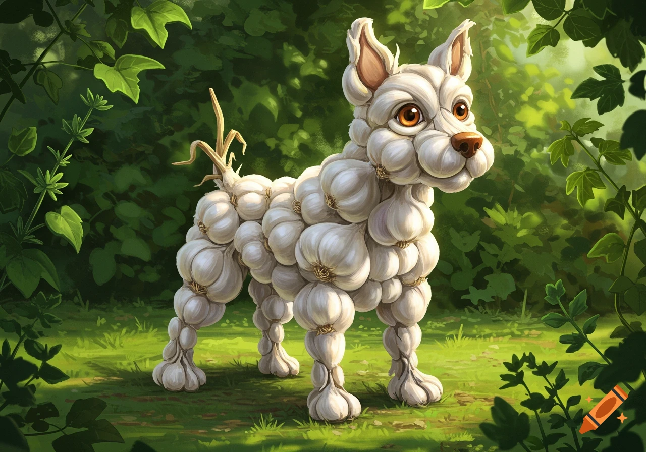 A stylized illustration of a creature resembling a dog, composed entirely of white garlic cloves, standing in a lush green forest.
