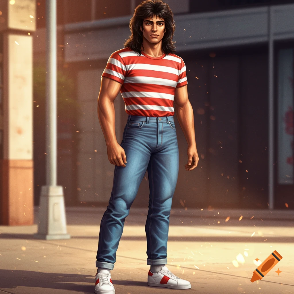 A stylized illustration of a man with a long dark mullet, wearing a red and white striped t-shirt, blue jeans, and white sneakers, standing on a city street.
