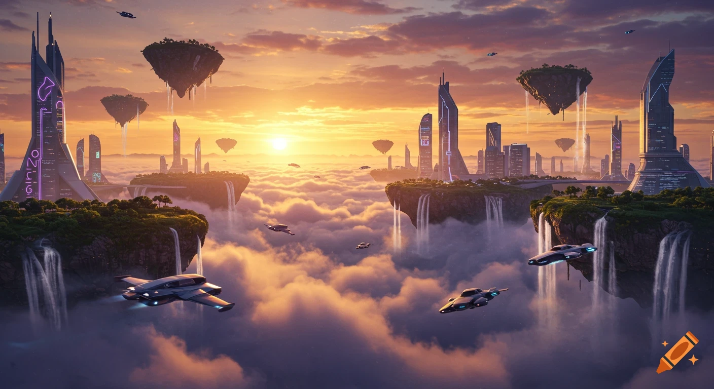 A majestic futuristic city floats on islands above clouds at sunset, with glowing buildings, waterfalls, and flying cars in a sci-fi fantasy style.