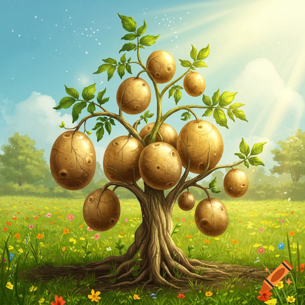 A whimsical illustration of a tree bearing large, brown potatoes instead of fruit, standing in a vibrant green meadow under a sunny blue sky.