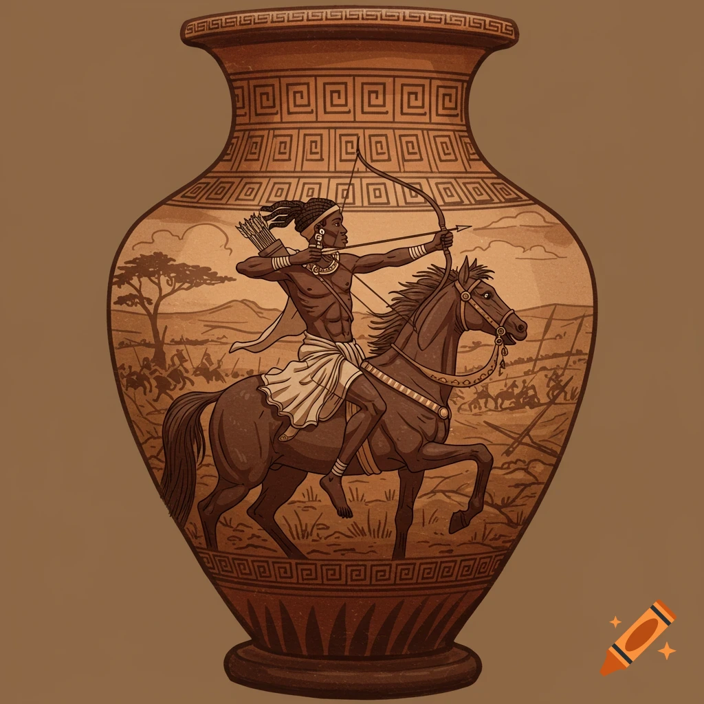 A sepia-toned Greek-style vase depicts a Dahomey warrior on horseback, aiming a bow and arrow, with a battle scene in the background.
