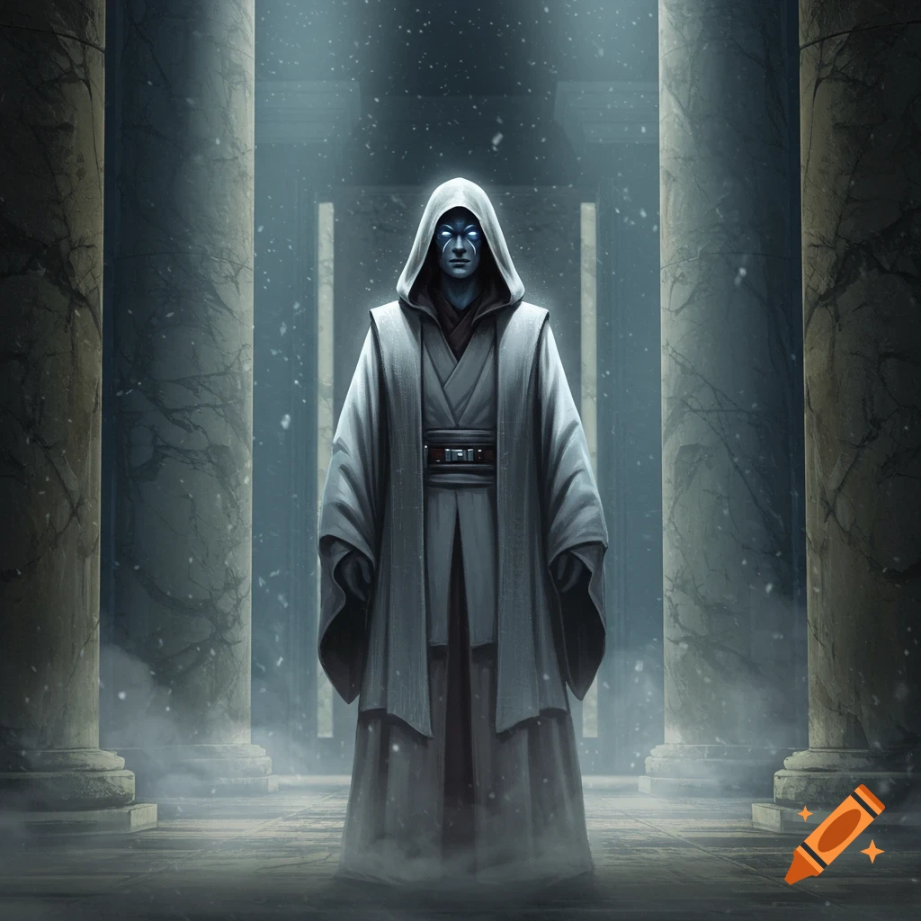 A mysterious robed figure with glowing blue eyes stands in a snowy, pillar-filled temple.