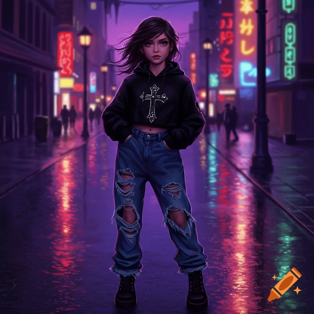 An anime-style girl in a black cropped hoodie with a cross and ripped jeans stands on a wet, neon-lit city street at night.