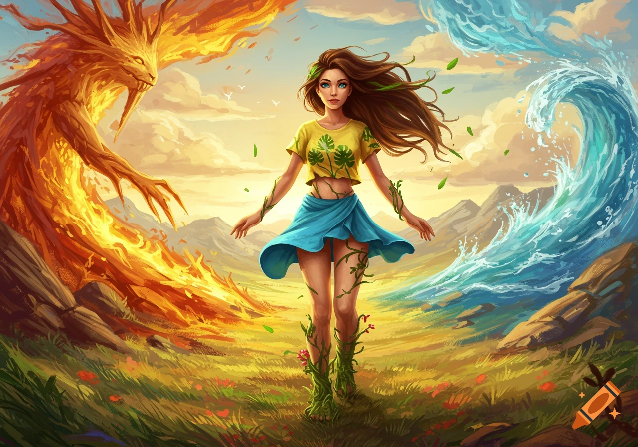 A fantasy illustration of a woman with long brown hair, wearing a yellow crop top and blue skirt, flanked by a fiery creature and a wave.