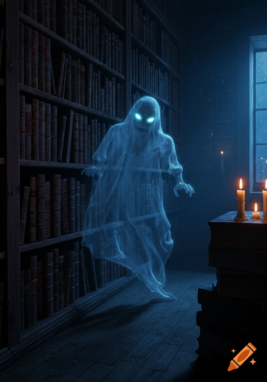 A glowing blue ghost floats in a dimly lit library, reaching towards a bookshelf, with candles on a table nearby.