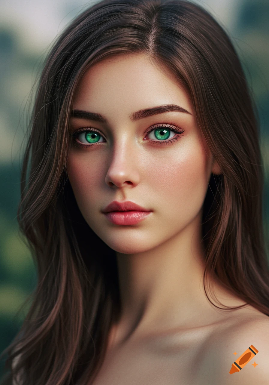 Close-up portrait of a woman with long brown hair and vibrant green eyes.