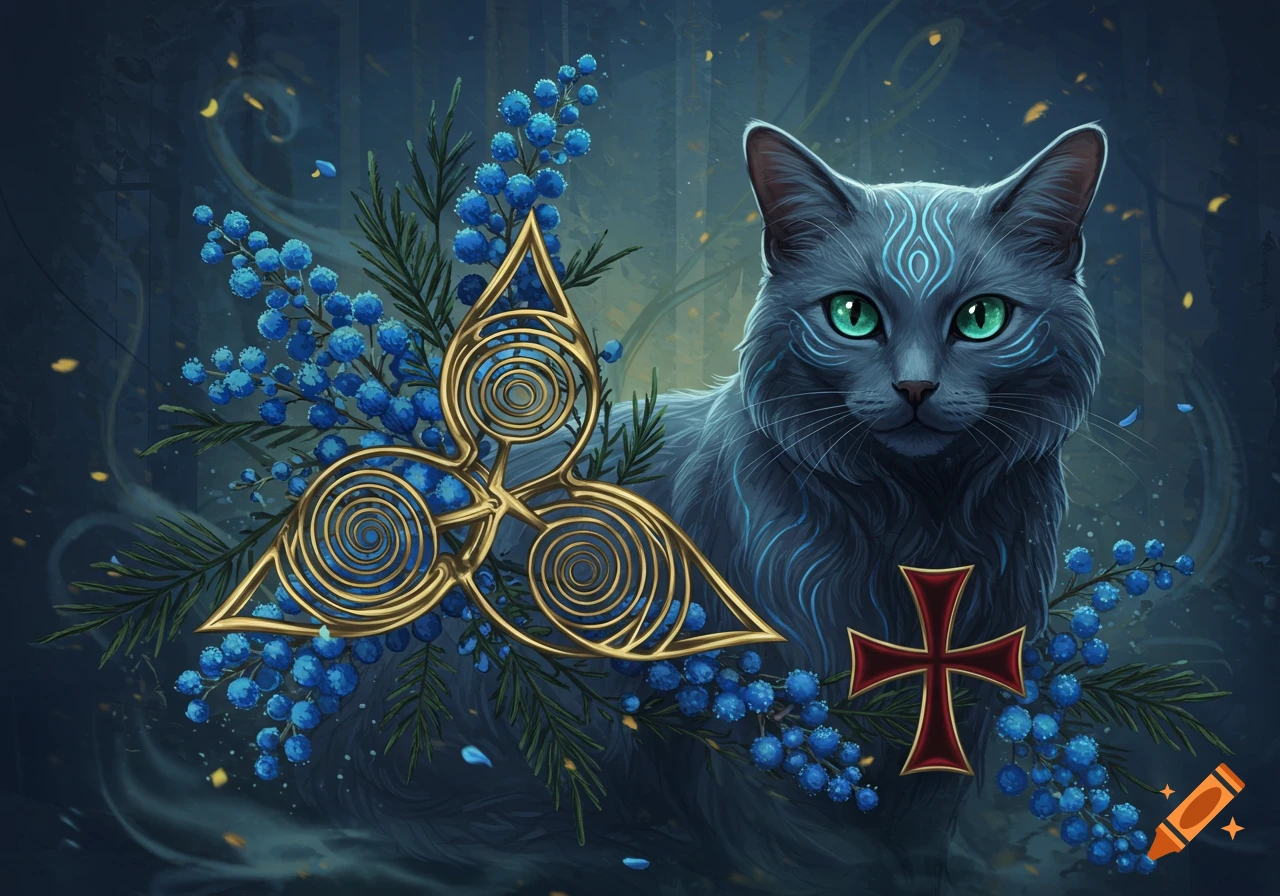 A mystical gray cat with glowing green eyes and blue markings, surrounded by blue mimosa, a golden triskele, and a red Templar cross.