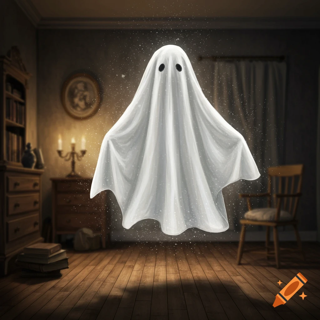 A classic white sheet ghost with black eye holes floats in a dimly lit, old-fashioned room with wooden furniture.