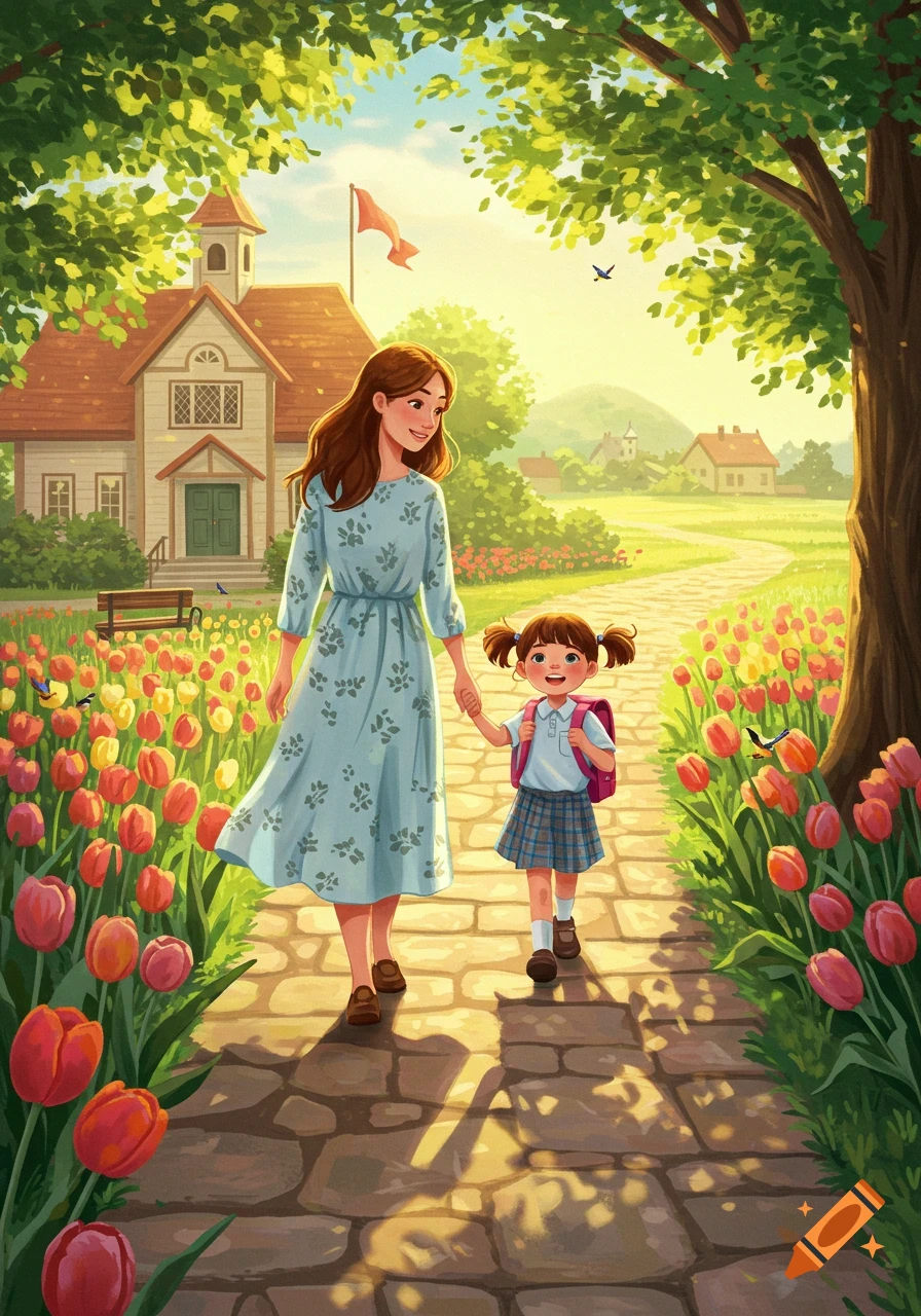 An illustration of a mother and daughter walking hand-in-hand on a path lined with red and yellow tulips towards a schoolhouse.