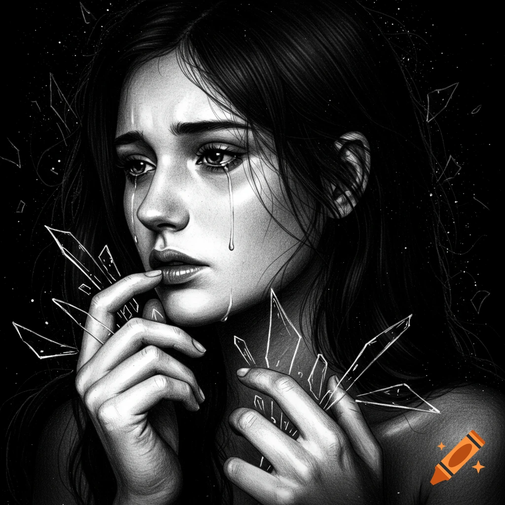 Black and white drawing of a crying woman holding broken glass shards against a dark background.
