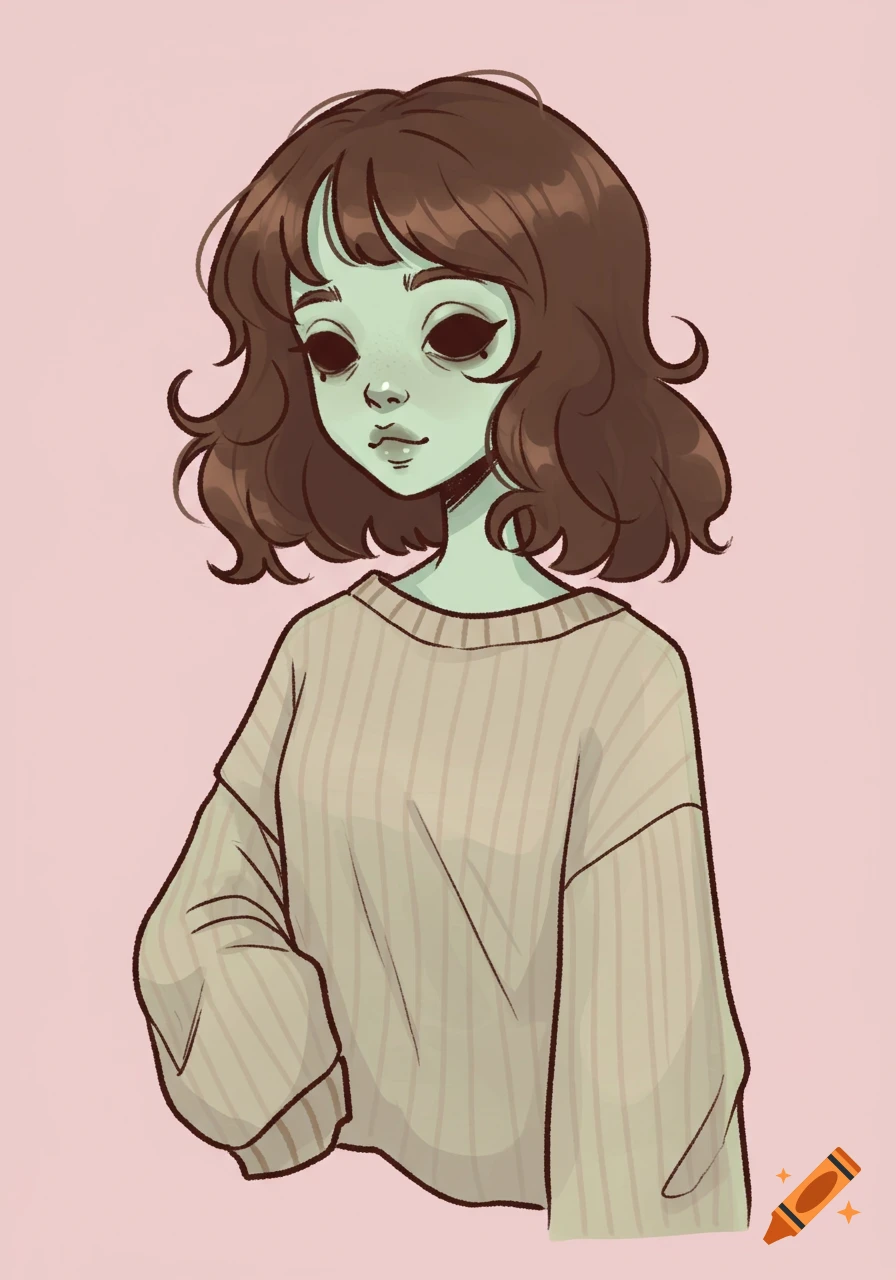 A stylized illustration of a zombie girl with green skin and brown wavy hair, wearing a beige sweater against a pink background.