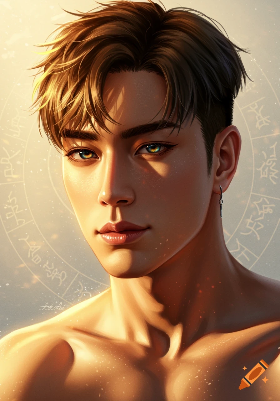 A handsome man with heterochromatic eyes, brown hair, and an earring, under warm light with astrological symbols in the background, digital art style.