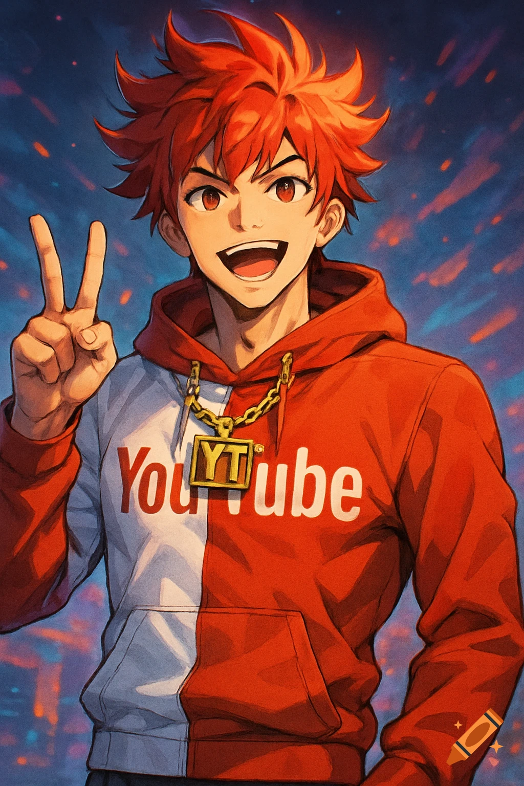 Smiling anime boy with red messy hair wears a red and white YouTube hoodie with a 'YT' chain, making a peace sign against a fiery blue background.