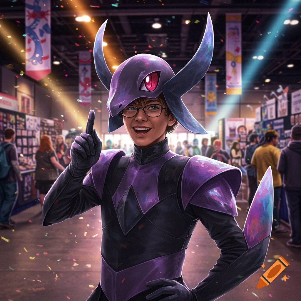 A smiling teenage boy in a purple and black Salazzle Pokemon costume points upward in a crowded convention hall with falling confetti.