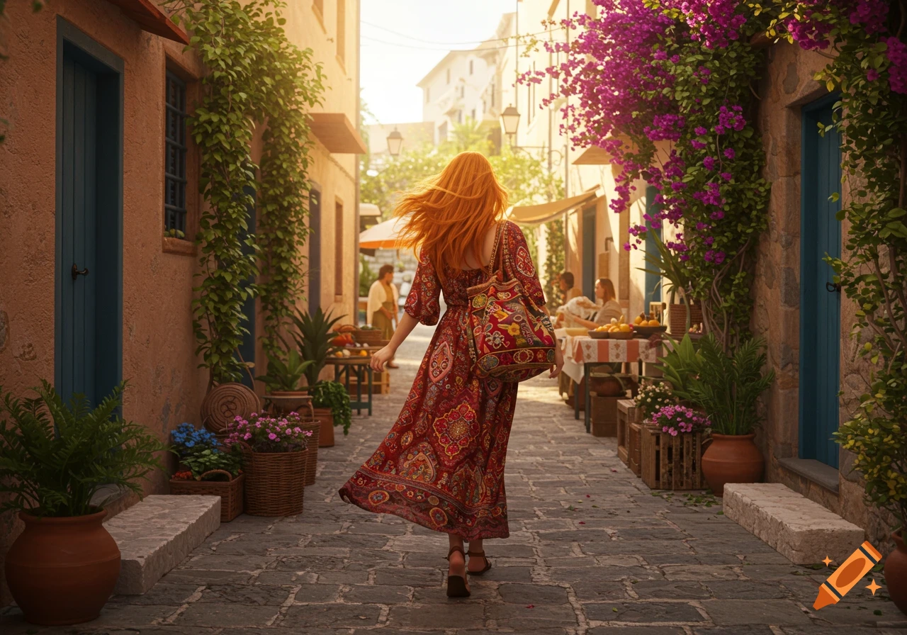 A red-haired woman with a patterned bag walks down a sunlit Mediterranean street lined with old buildings and purple bougainvillea.