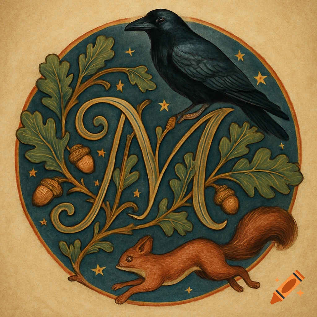 A folk art emblem with a crow, squirrel, oak leaves, acorns, and stars surrounding a decorative gold letter M.