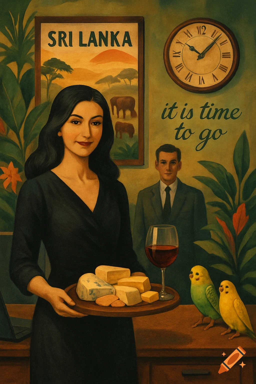 A vintage-style illustration shows a woman holding a cheese platter, a man in the background, a Sri Lanka poster, a clock, and two budgies, with text that reads "it is time to go".