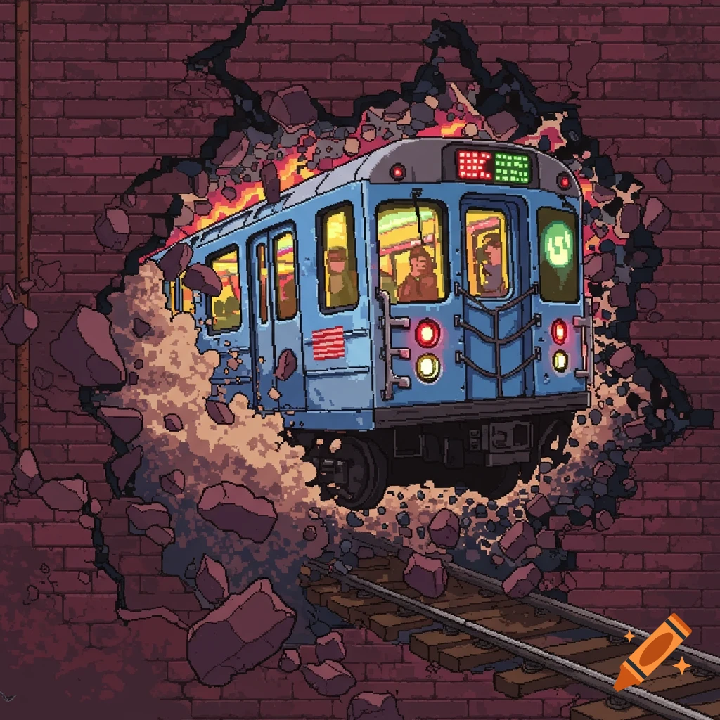 A pixel art blue subway car bursts through a brick wall, with debris and dust flying, in an 80s computer graphics style.