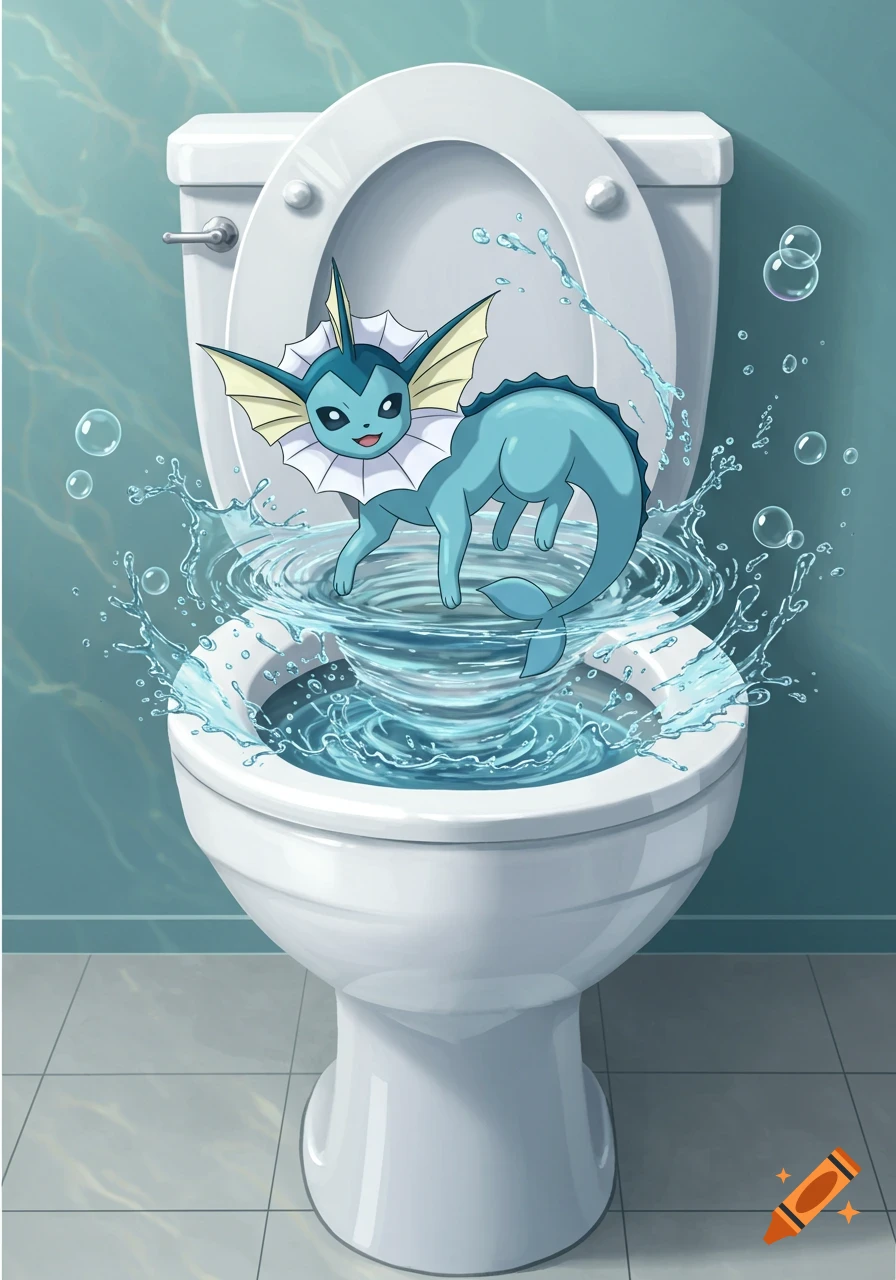 A cartoon Vaporeon in a toilet, surrounded by swirling water and bubbles, with a light blue background.