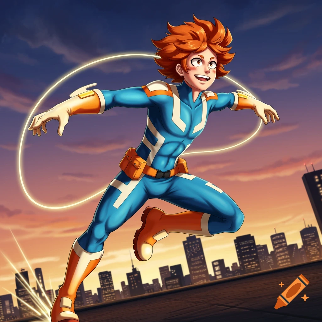 A male anime superhero in a blue, orange, and white jumpsuit with spiky orange hair leaps above a city skyline at sunset.