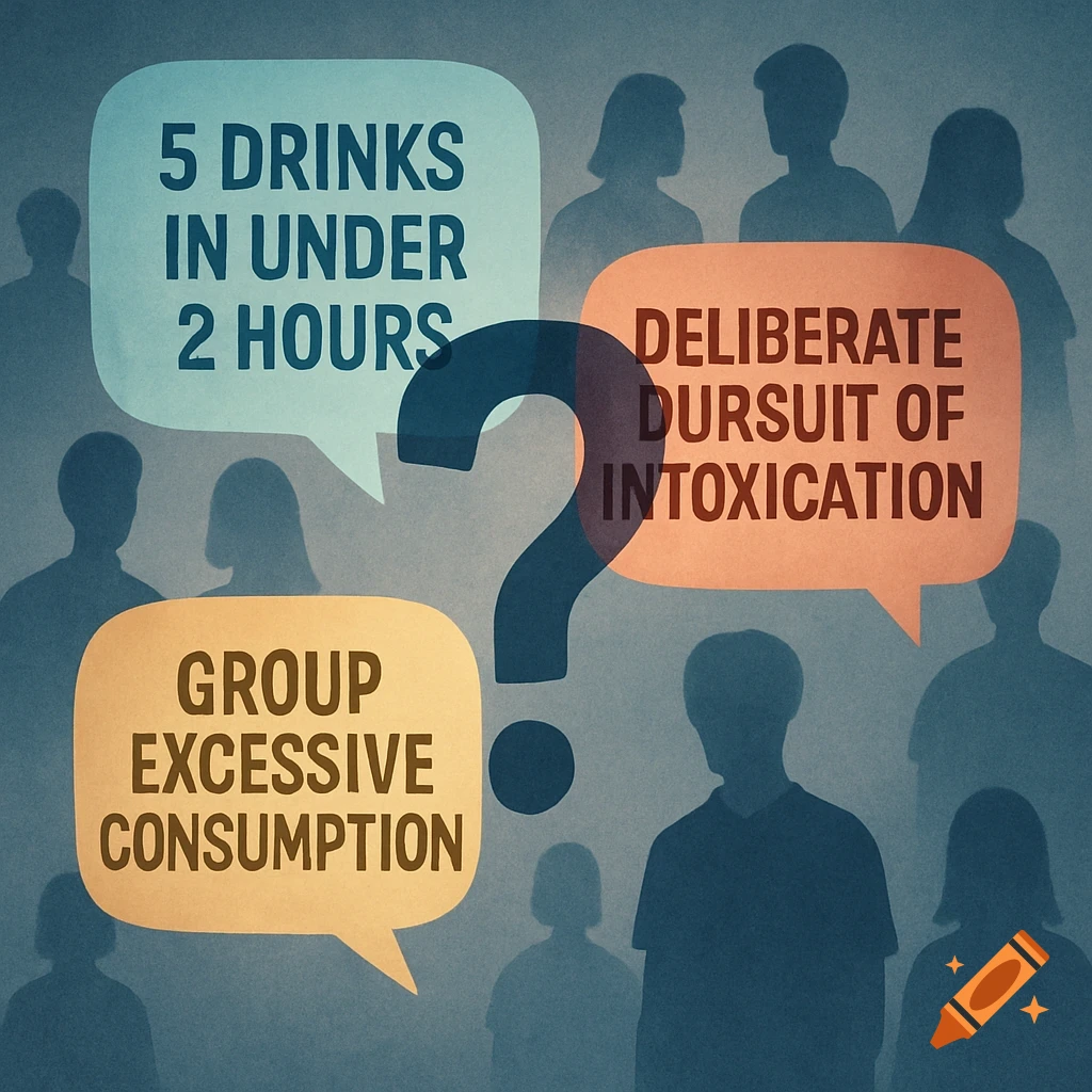 An illustration showing silhouettes of people, speech bubbles defining binge drinking, and a central question mark.