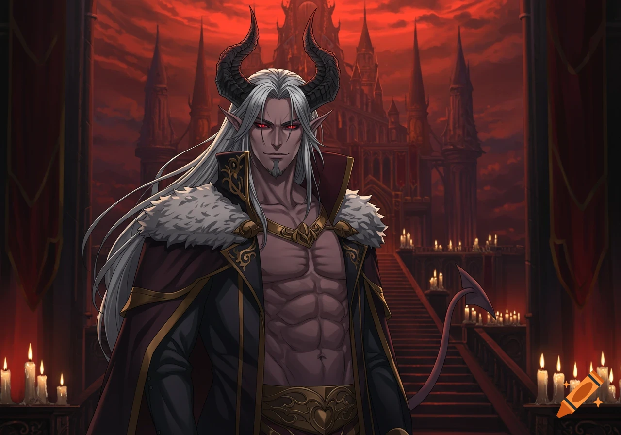 Anime-style demon king with white hair, red eyes, horns, bare muscular chest, and a tail, standing in a luxurious demon castle.