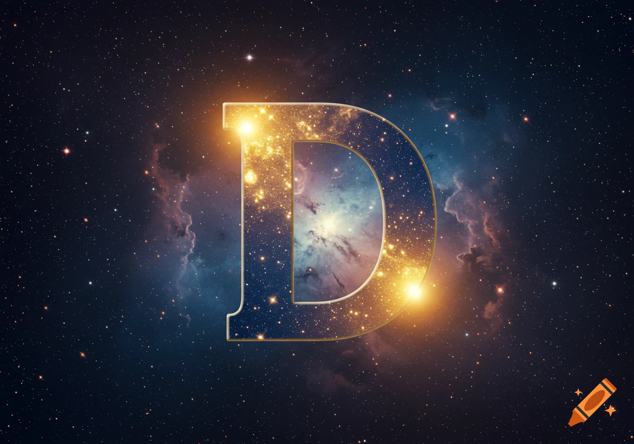 A luminous, golden-outlined letter D filled with a starry nebula pattern, against a deep space background with stars and nebulae.