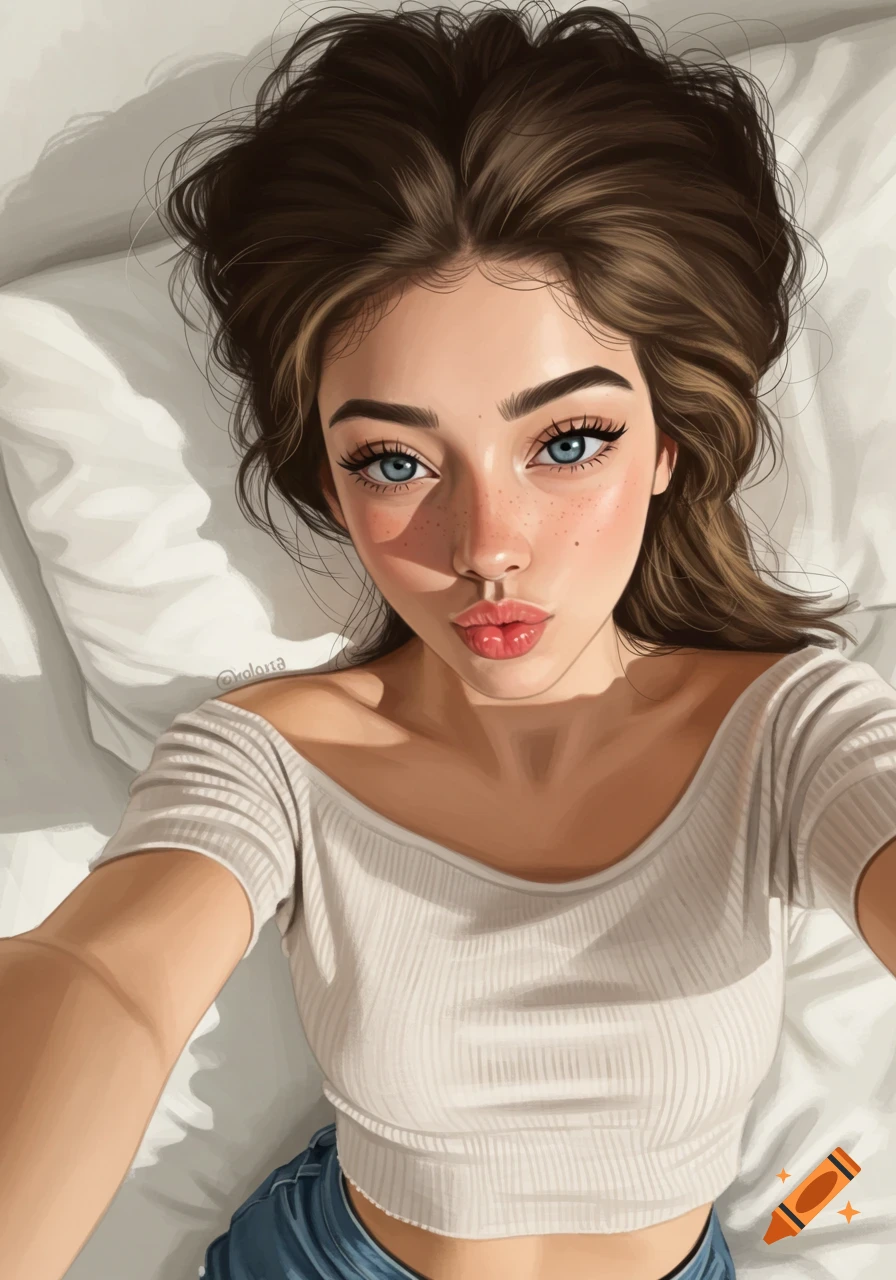 Digital art illustration of a young woman lying on white pillows, taking an overhead selfie with a playful expression.
