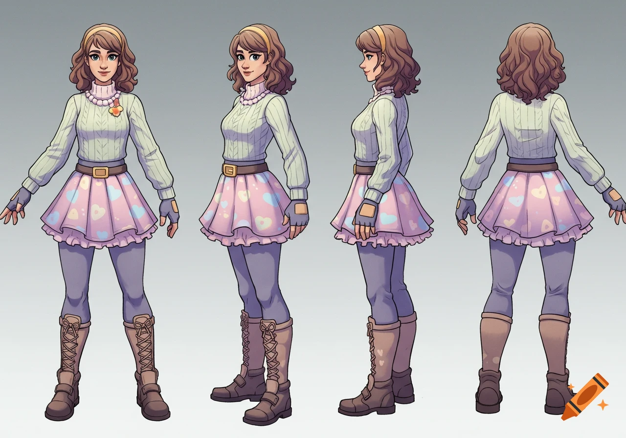 Stylized concept art character sheet of a female in T-pose, wearing a sweater, heart-patterned skirt, tights, and boots, shown in multiple views.