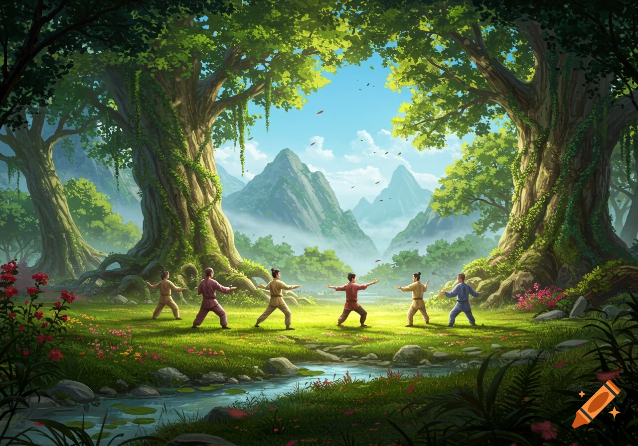 Six people practice martial arts in a lush green forest clearing with a stream, giant trees, and misty mountains.