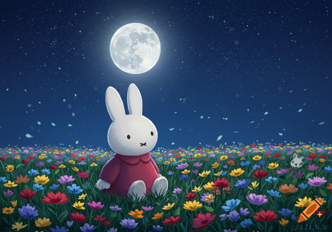 Miffy the white rabbit sits in a field of colorful flowers under a bright full moon and starry night sky, illustration.