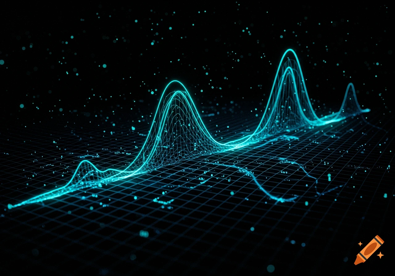 A glowing teal wireframe graph with multiple peaks on a dark grid background, surrounded by sparkling blue particles.