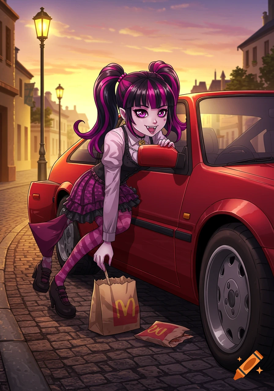 Anime Draculaura leans out of a red 80s car, setting a McDonald's bag and fries on a cobblestone street at sunset.