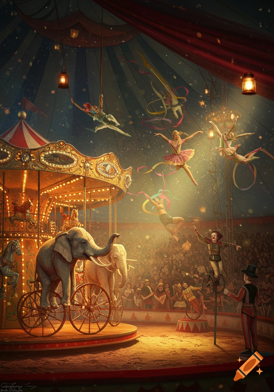 A surreal painting of an old-fashioned circus with elephants on wheels, aerialists, ballet dancers, clowns, and a carousel under a big top with a cheering crowd.
