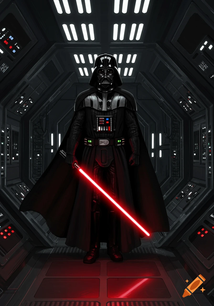Darth Vader stands in a dark spaceship corridor, holding a red lightsaber.