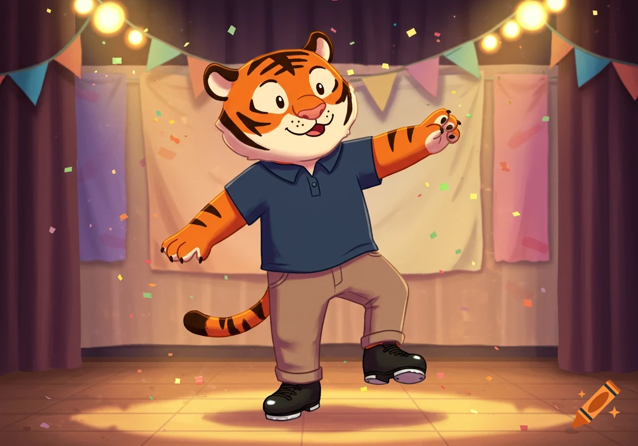 A friendly anthropomorphic cartoon tiger in a polo shirt and jeans tap dancing on a stage under party lights with confetti.