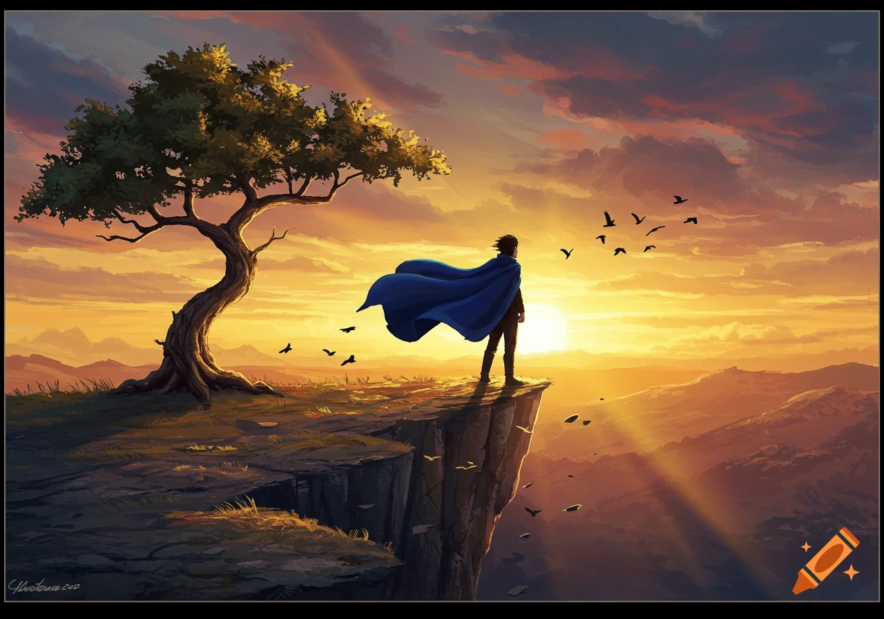 A person in a blue cape stands on a cliff edge, overlooking a vast sunset landscape with a large tree and birds flying. Stylized art.