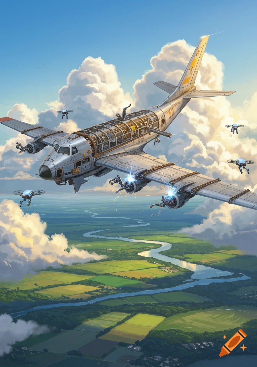 A futuristic airplane with transparent sections showing its interior, being assembled mid-flight by small drones over a green, winding river landscape.