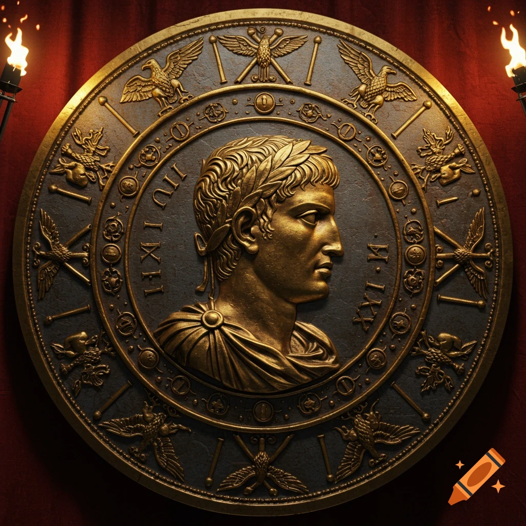 A detailed golden and dark bronze Roman-style medallion with a profile bust of an emperor in a laurel wreath, flanked by torches.