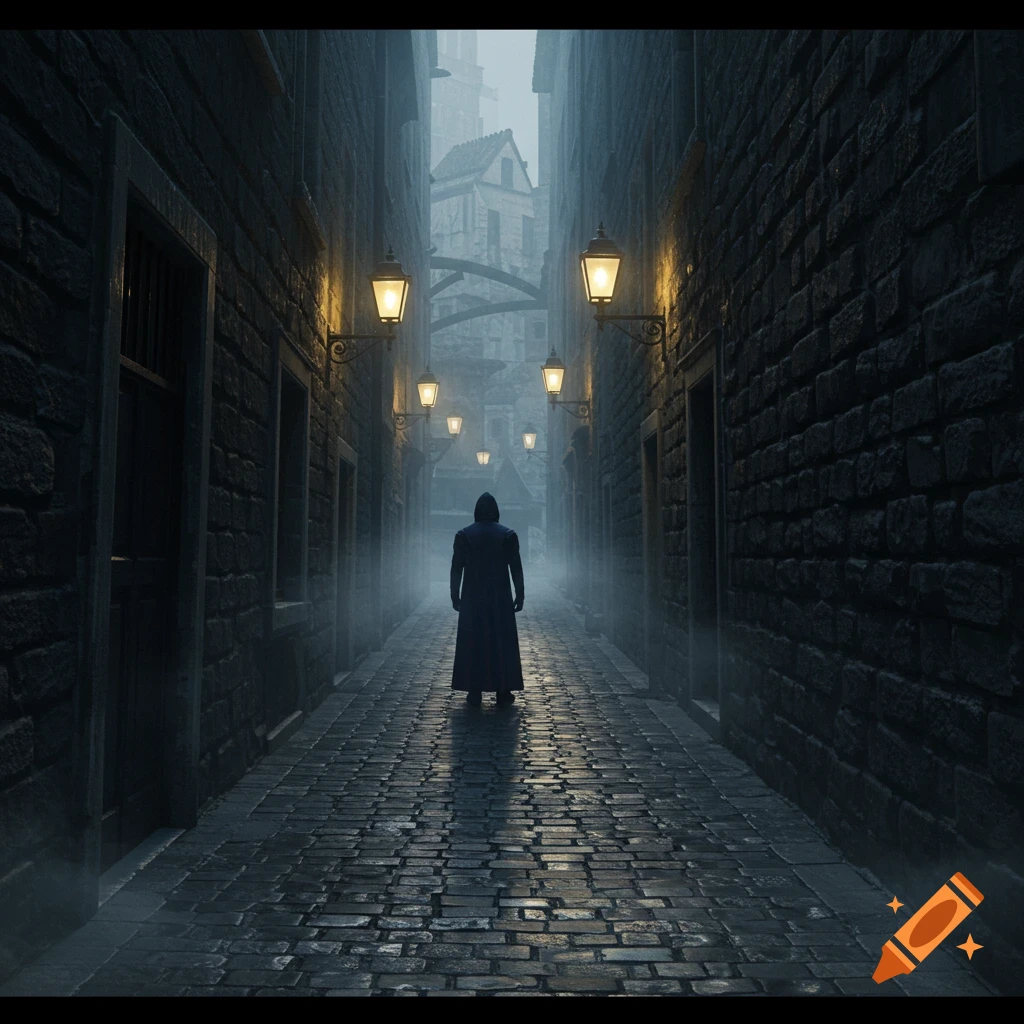 A hooded figure stands with their back to the viewer in a dark, misty fantasy alleyway lit by glowing lanterns.
