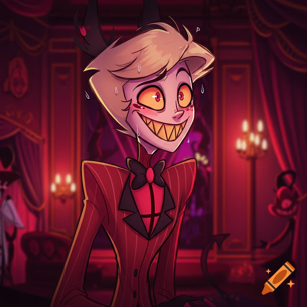 Animated demon-like character with blonde hair, horns, and sharp teeth grins nervously, sweating, in a lavish red interior.