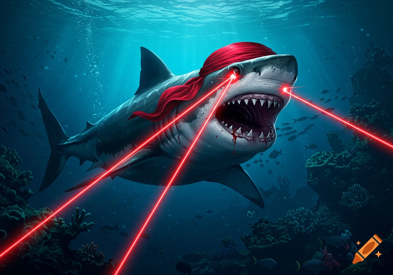 A stylized illustration of a shark wearing a red bandana and shooting red lasers from its eyes, with bloody teeth, in an underwater coral reef.