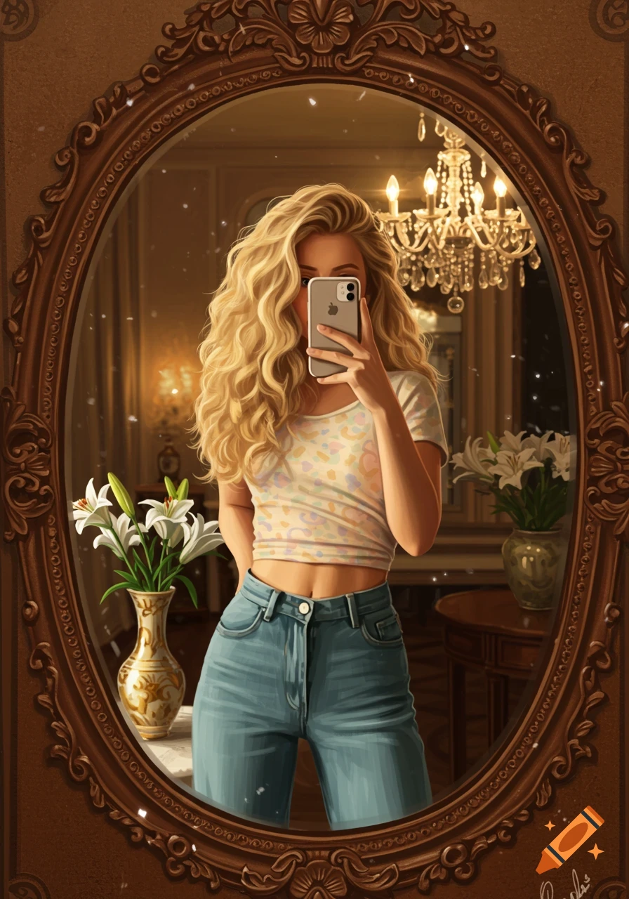 Stylized digital art of a blonde woman taking a mirror selfie in an ornate room, a chandelier reflecting in the mirror.