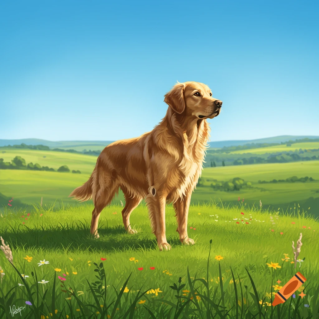 A golden retriever dog stands in a vibrant green meadow filled with wildflowers under a clear blue sky.