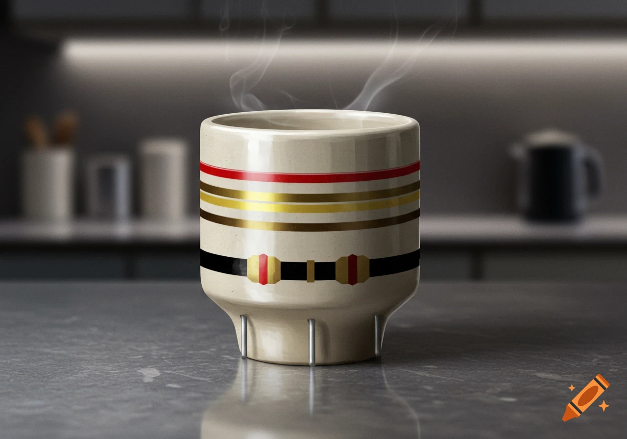 A steaming cup designed like a 4-band electrical resistor sits on a kitchen counter.