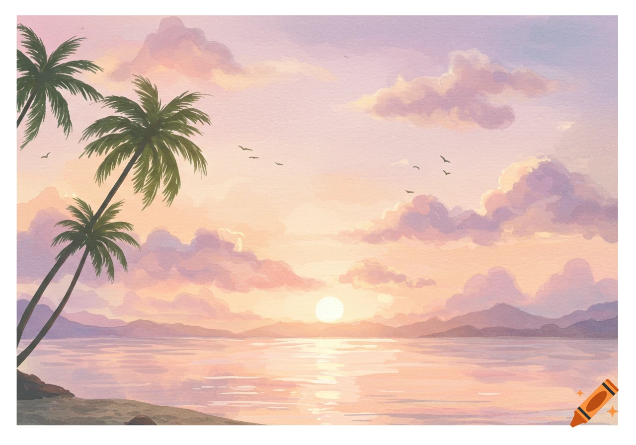 A watercolor painting of palm trees silhouetted against a pastel sunset over a calm ocean with distant mountains.