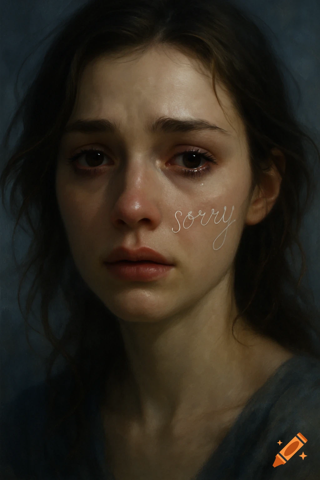 Close-up of a photorealistic digital painting of a crying woman with the word 'sorry' written on her cheek.