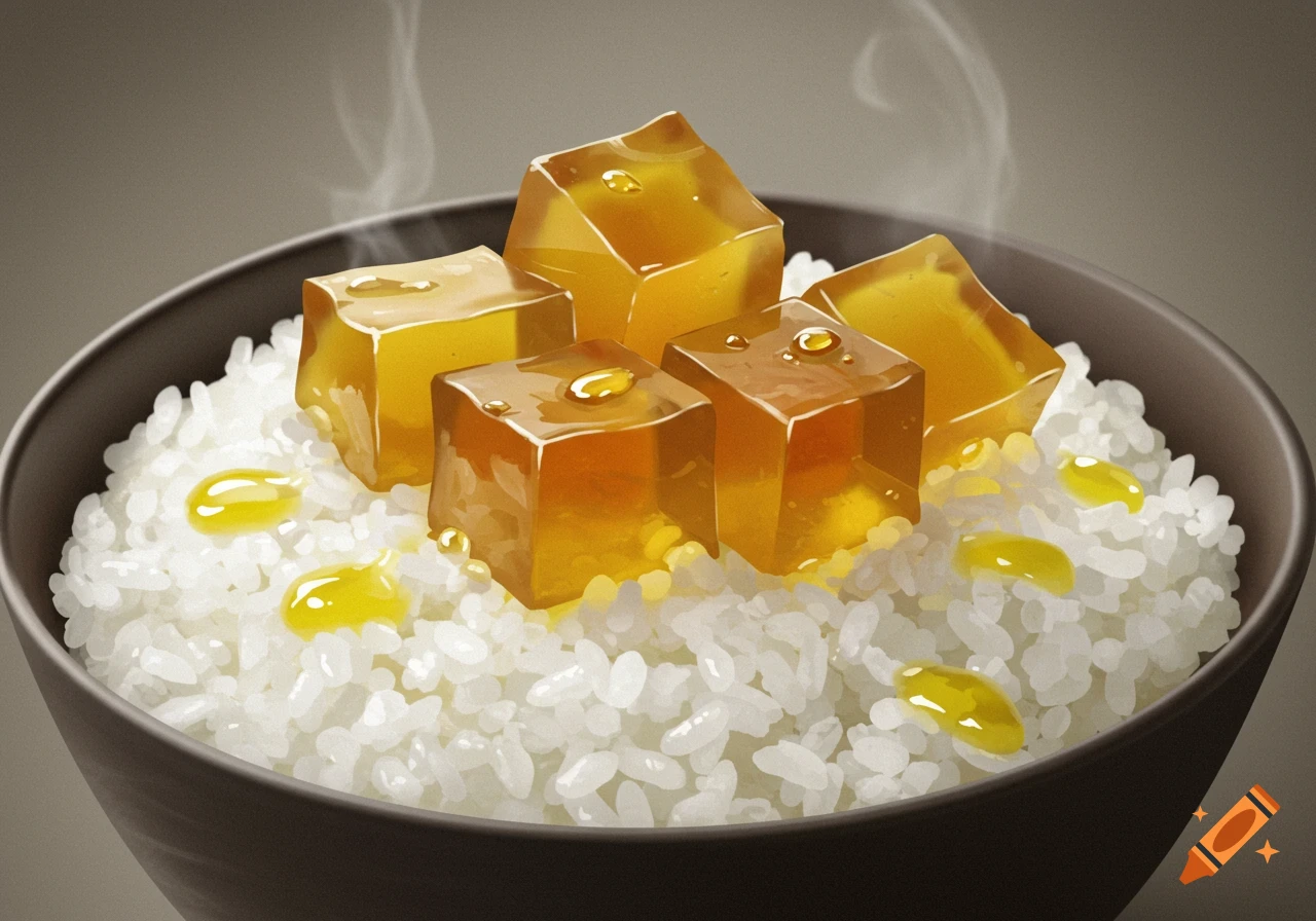 A dark bowl filled with white rice, topped with five translucent amber gelatine cubes and yellow oil drops, with steam rising.
