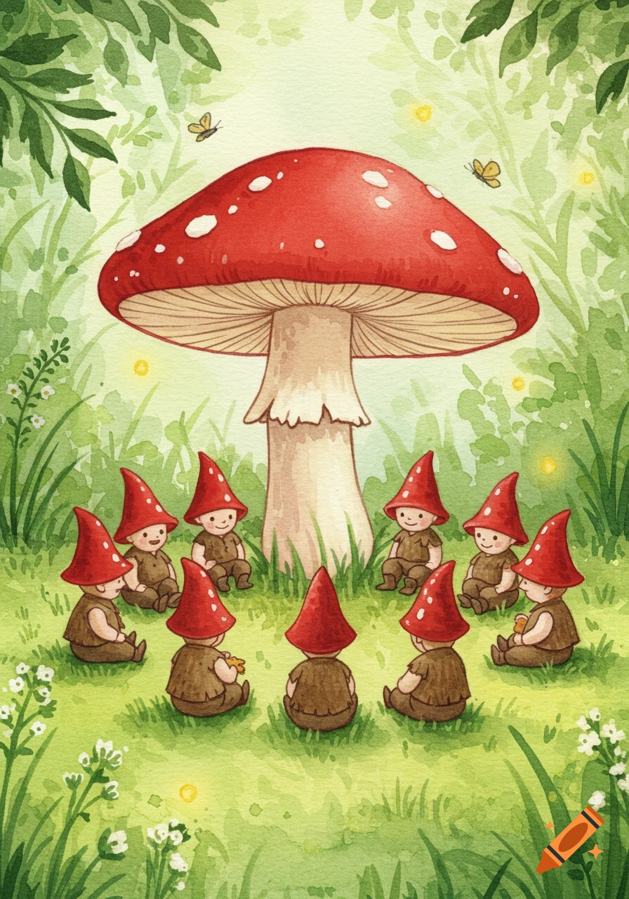 Watercolor illustration of gnome-like figures with red hats sitting in a circle around a large toadstool in a whimsical forest.
