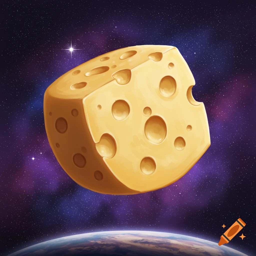 An illustrative block of Swiss cheese with holes floating in dark space above a curved planet Earth, with stars and a purple nebula.